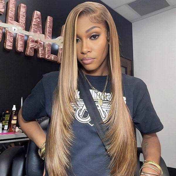 HairHive Layered Cut Straight Brown Highlight Ombre Pre-cut Lace Wear Go Glueless Wig