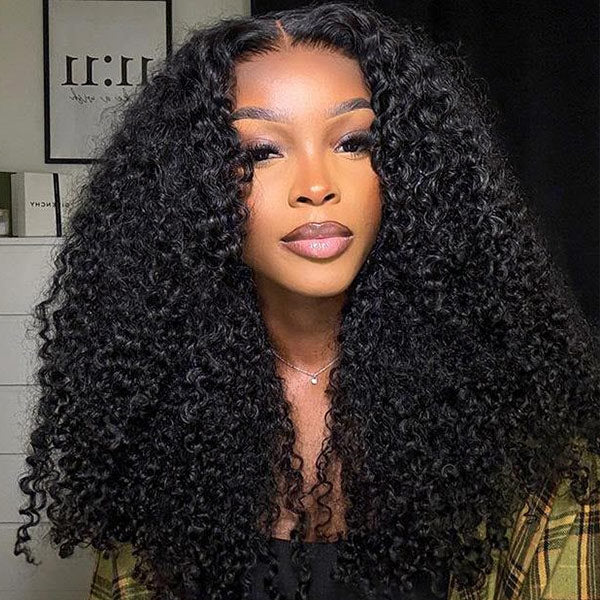 Kinky Curly Human Hair 3 Bundles with 13*4 Lace Frontal Natural Black