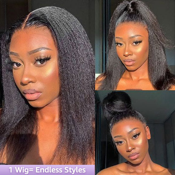 HairHive Kinky Straight Invisi-Drawstring Flexible Fit 360 Lace Front Glueless Wig With Bleached Knots