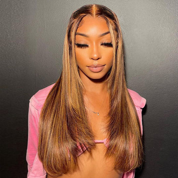 HairHive Layered Cut Straight Brown Highlight Ombre Pre-cut Lace Wear Go Glueless Wig