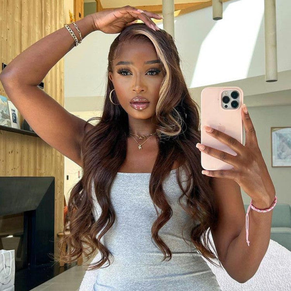 Honey Blonde and Brown Streaks Highlight Wigs Straight 13x4 Lace Front Wig Preplucked with Baby Hair