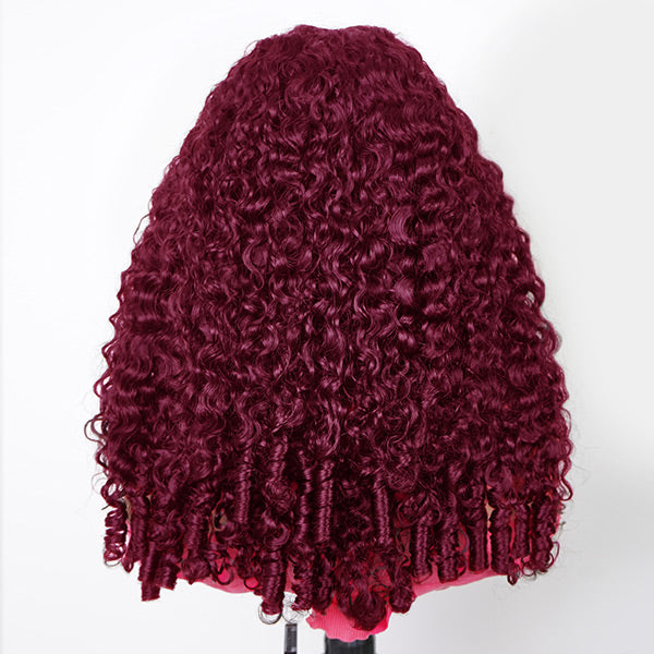 HairHive Burgundy 99J Color Burmese Curly Glueless Wig Pre Cut 9x6 Lace Snug Fit Drawstring Wear Go Wig