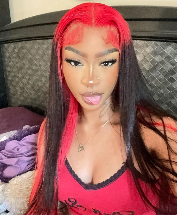 Straight Red and Black Color Wigs Preplucked Human Hair Lace Front Wigs Natural Hairline