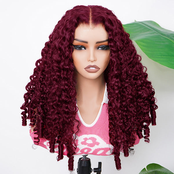 HairHive Burgundy 99J Color Burmese Curly Glueless Wig Pre Cut 9x6 Lace Snug Fit Drawstring Wear Go Wig