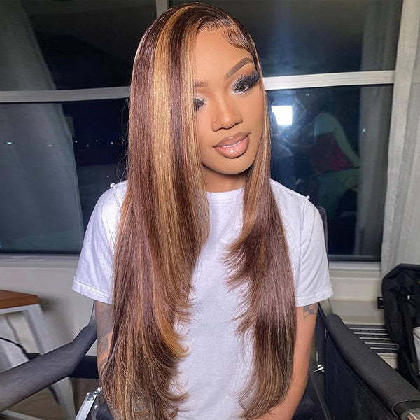 HairHive Layered Cut Straight Brown Highlight Ombre Pre-cut Lace Wear Go Glueless Wig