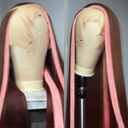 Straight Brown Hair With Light Pink Skunk Stripe Color Pre-plucked Natural Hairline 13x4 Lace Front Wig