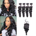 Loose Wave Human Hair 4 Bundles with 4*4 Lace Clsoure Natural Black