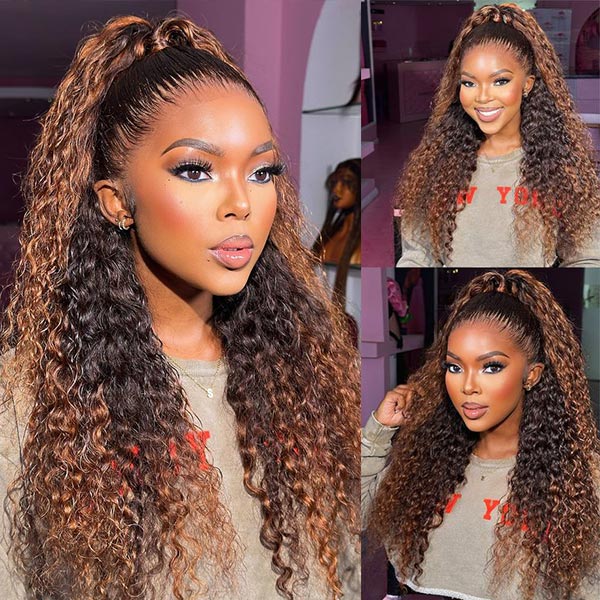 HairHive Balayage Highlight Ombre Brown Water Wave Wear Go Glueless Wig With Natural Hairline