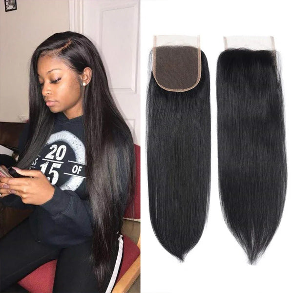 Full Straight Human Hair 4 Bundles with 4*4 Lace Clsoure Natural Black