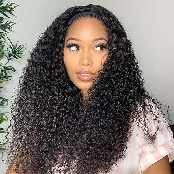 HairHive Kinky Curly Headband Wig Human Hair Scarf Wig No Gel No Glue Jerry Curl Hair Wig With Headband