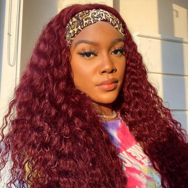 HairHive 99J Curly Headband Wig Human Hair No Gel No Glue Water Wave Wig with Free Headband 180% Density