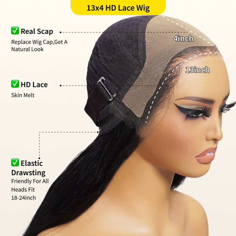 Sunber 13x4 HD Real Scalp Pre Everything Lace Frontal Natural Black Body Wave Wig With Elastic Drawstring