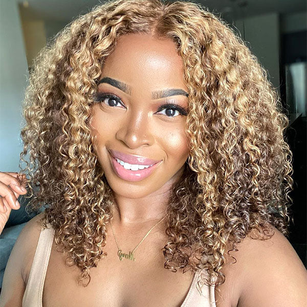 HairHive 4/27 Highlight Color Wear Go Glueless Wigs Pre Cut 7x5 HD Lace Kinky Curly Hair Short Bob Wigs