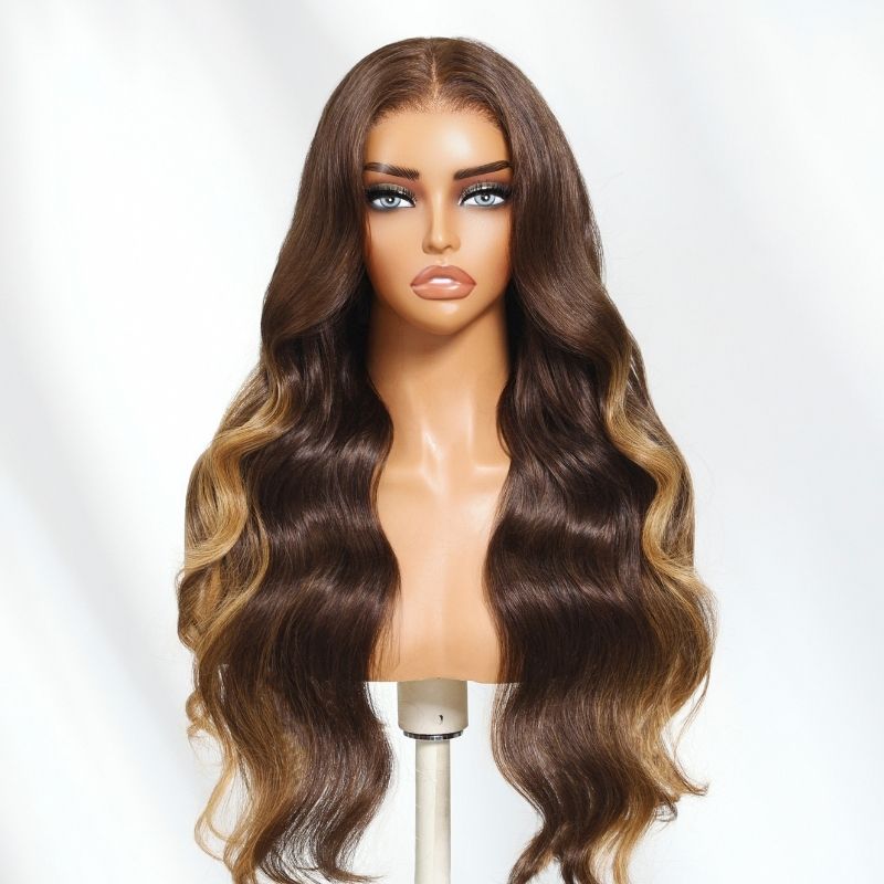 Sunber 7x5 Pre Cut Layered Loose Wave Chocolate Brown with Soft Golden Highlights Bye Bye Knots Lace Wig With Invisi Drawstring Flash Sale