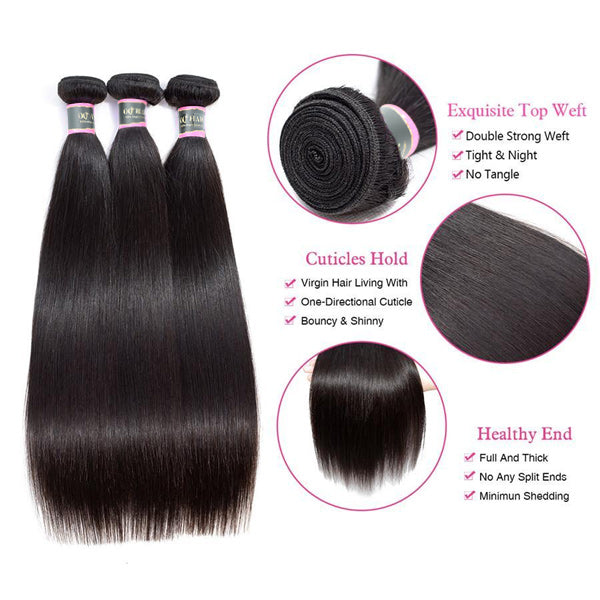 Straight Human Hair 3 Bundles with 13*4 Lace Frontal Natural Black