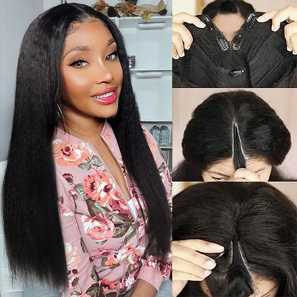 Kinky Straight V Part Wig No Leave Out Thin Part Glueless Wigs Human Hair Wig