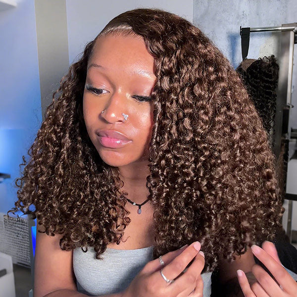 HairHive Burmese Curly Glueless Wig Chocolate Brown Color Pre Cut 9x6 Lace Wear Go Wig With Elastic Drawstring