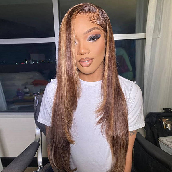 HairHive Layered Cut Straight Brown Highlight Ombre Pre-cut Lace Wear Go Glueless Wig