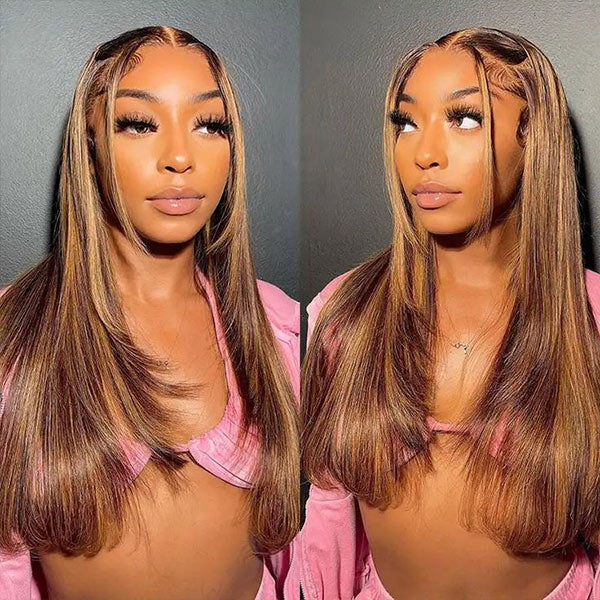 HairHive Layered Cut Straight Brown Highlight Ombre Pre-cut Lace Wear Go Glueless Wig