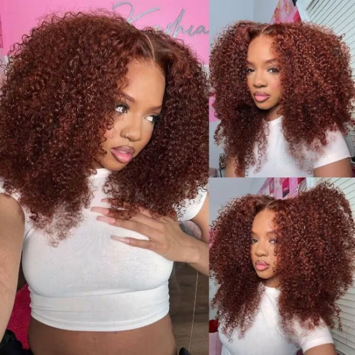 Sunber Afro Kinky Curly Reddish Brown 180% Density 13x4 Pre-Cut Lace Frontal Wig With Invisi Drawstring