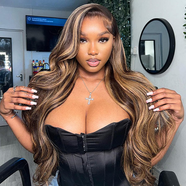 HairHive M-cap Body Wave 4/27 Highlight Color Pre Cut 9x6 Lace Wear Go Glueless Wigs Invisible Knots With Pre-Plucked Hairline