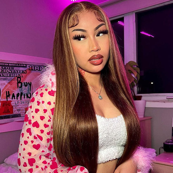 HairHive M-cap Straight Hair 4/27 Highlight Color Wear Go Glueless Wigs Invisible Knots Pre Cut 9x6 Lace Wigs