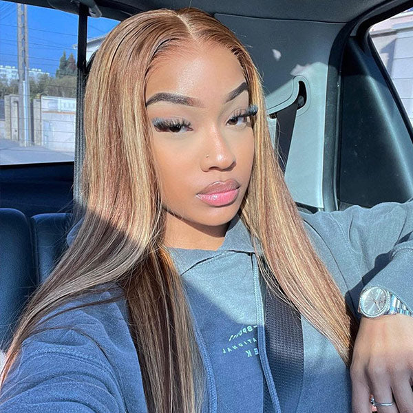 HairHive M-cap Straight Hair 4/27 Highlight Color Wear Go Glueless Wigs Invisible Knots Pre Cut 9x6 Lace Wigs
