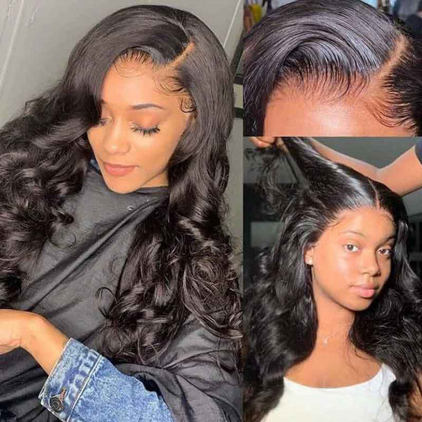 Brazilian Virgin Loose Wave Human Hair Pre plucked Lace Front Wigs Natural Black