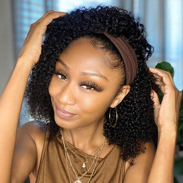HairHive Afro Curly Headband Wig No Gel No Glue Human Hair Glueless Wig With Scarf