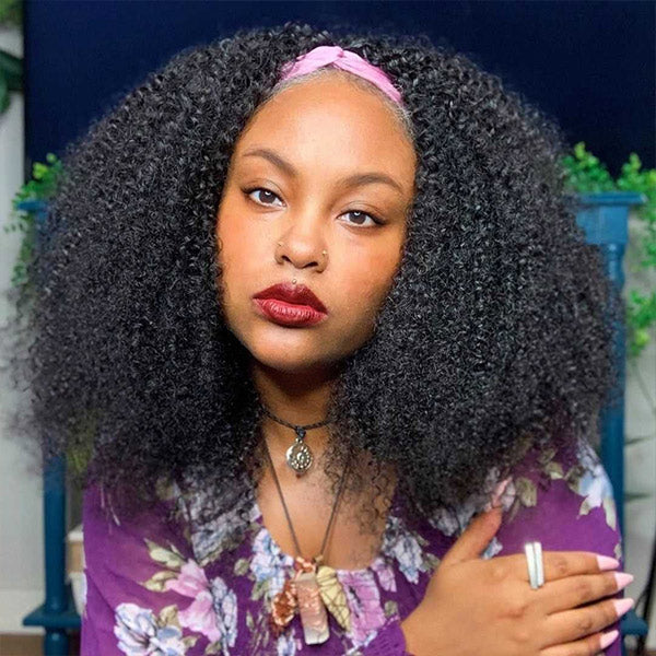 HairHive Afro Curly Headband Wig No Gel No Glue Human Hair Glueless Wig With Scarf