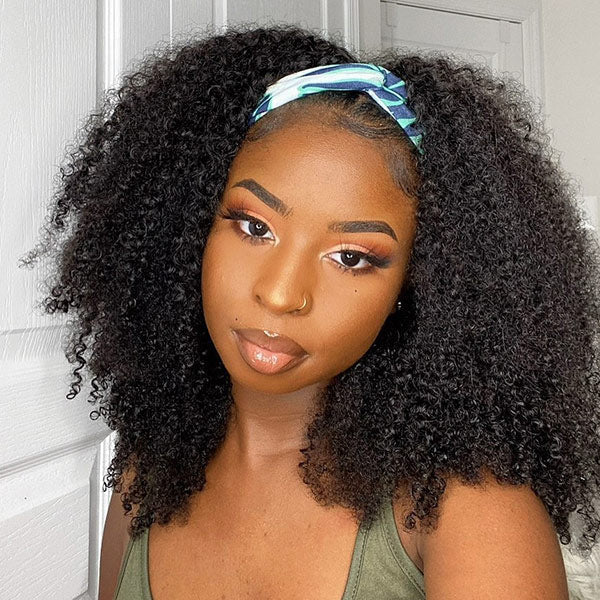 HairHive Afro Curly Headband Wig No Gel No Glue Human Hair Glueless Wig With Scarf