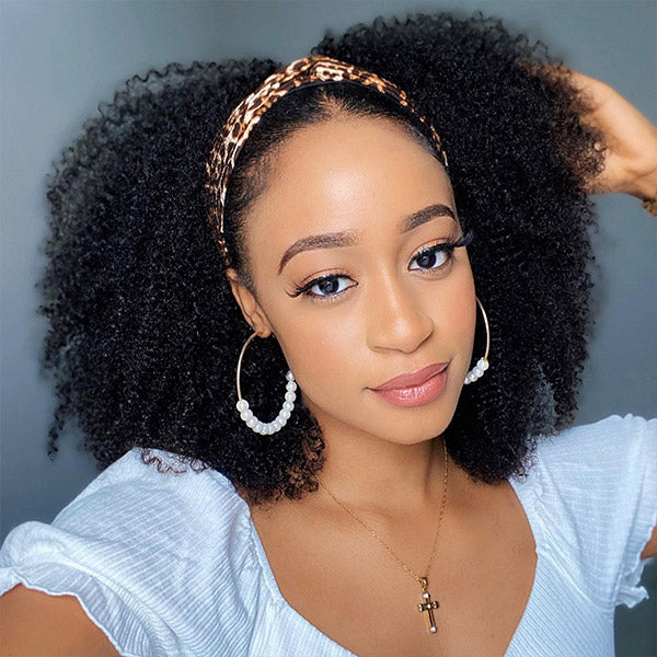 HairHive Afro Curly Headband Wig No Gel No Glue Human Hair Glueless Wig With Scarf