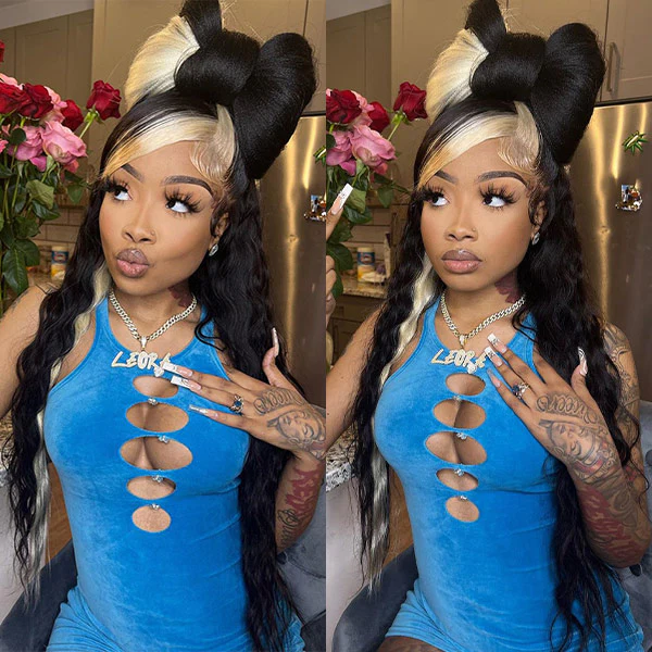 Blonde and Black Skunk Stripe Color Wig Straight Full Human Hair 13x4 Lace Front Wig