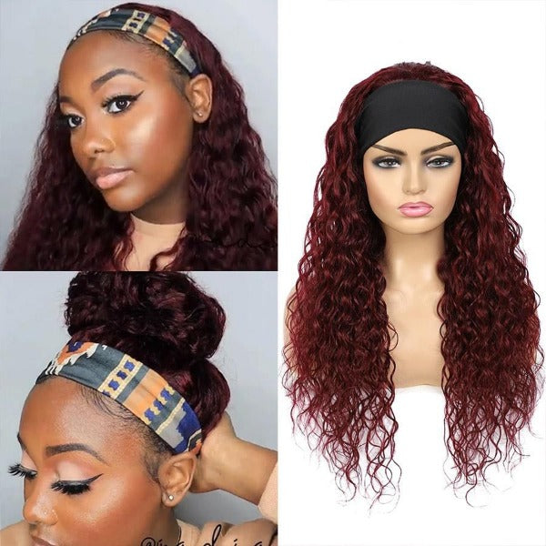 HairHive 99J Curly Headband Wig Human Hair No Gel No Glue Water Wave Wig with Free Headband 180% Density