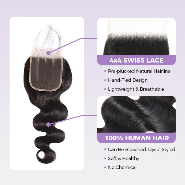 Straight Wavy Curly 3 Bundles With 4x4 Lace Closure Natural Black Virgin Human Hair