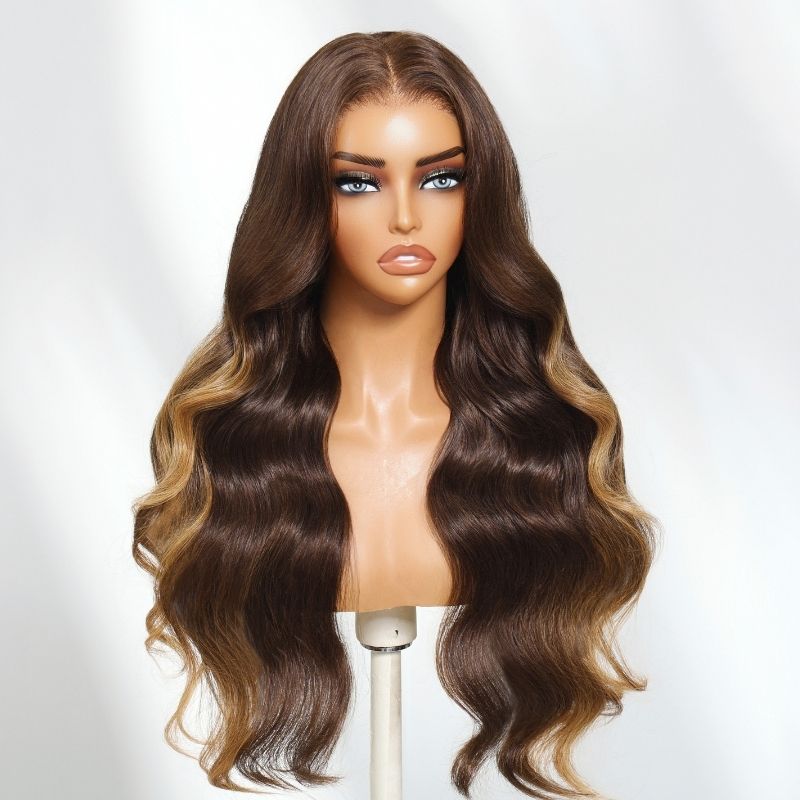 Sunber 7x5 Pre Cut Layered Loose Wave Chocolate Brown with Soft Golden Highlights Bye Bye Knots Lace Wig With Invisi Drawstring Flash Sale