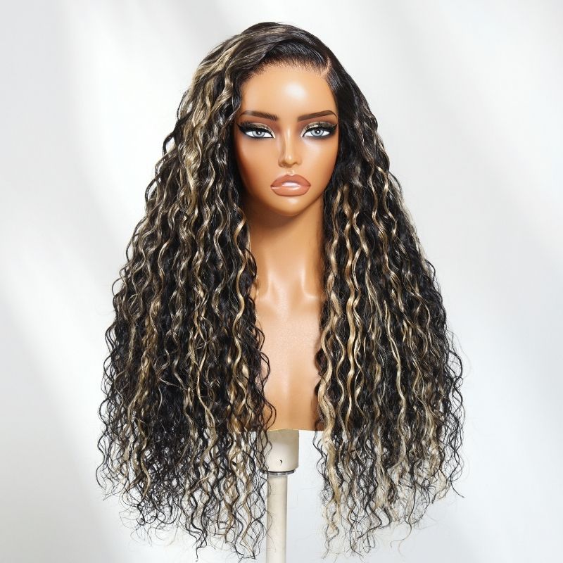 Sunber 13x4 Pre Everything Natural Black with Caramel Blonde Highlights Water Wave Lace Frontal Wig With Invisi Drawstring