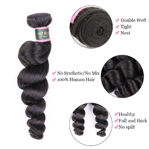 Loose Wave Human Hair 3 Bundles with 13*4 Lace Frontal Natural Black