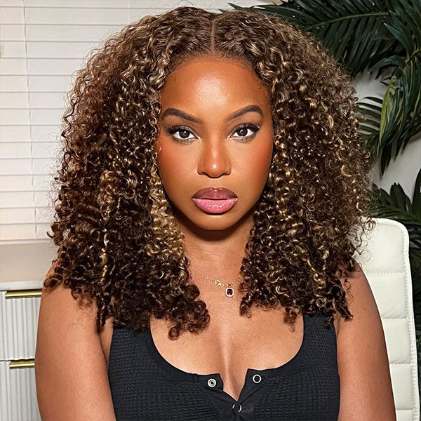 HairHive 4/27 Highlight Color Wear Go Glueless Wigs Pre Cut 7x5 HD Lace Kinky Curly Hair Short Bob Wigs
