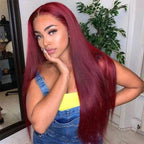 Pre-cut Lace Wig Straight Hair 99J Burgundy Color Wear Go Glueless Wig 7x5 Lace Wig Preplucked with Natural Hairline
