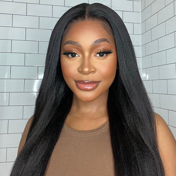 HairHive Yaki Straight Bleached Knots Wear Go Wig Pre-cut 7x5 HD Lace Bleached Knots Relaxed Glueless Wig