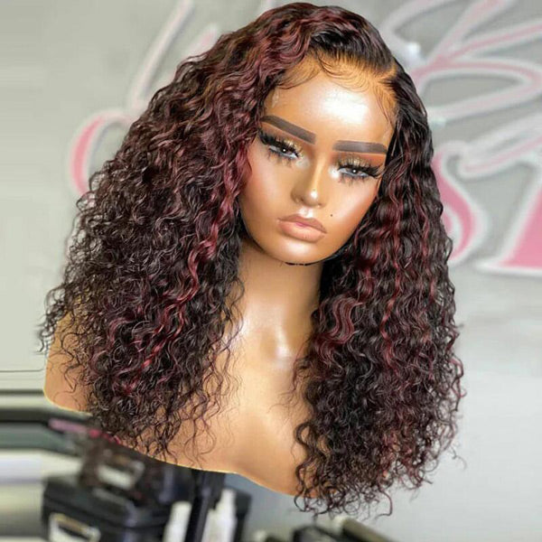 Highlight 1B/99J Colored Water Wave Human Hair 13x4 Skin Melt Lace Front Wigs Natural Hairline Preplucked with Baby Hair