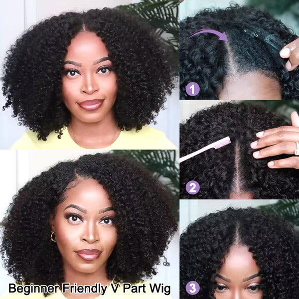24h Shipping | Afro Curly Drawstring V Part Wig No Leave Out Thin Part Glueless Wigs Human Hair Wig