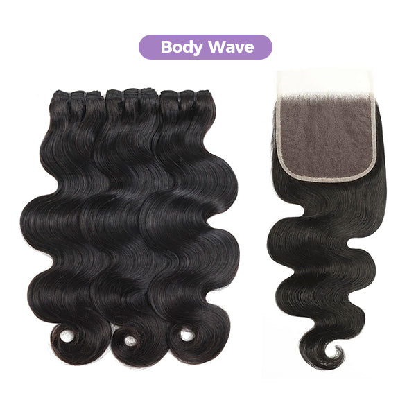Straight Wavy Curly 3 Bundles With 4x4 Lace Closure Natural Black Virgin Human Hair