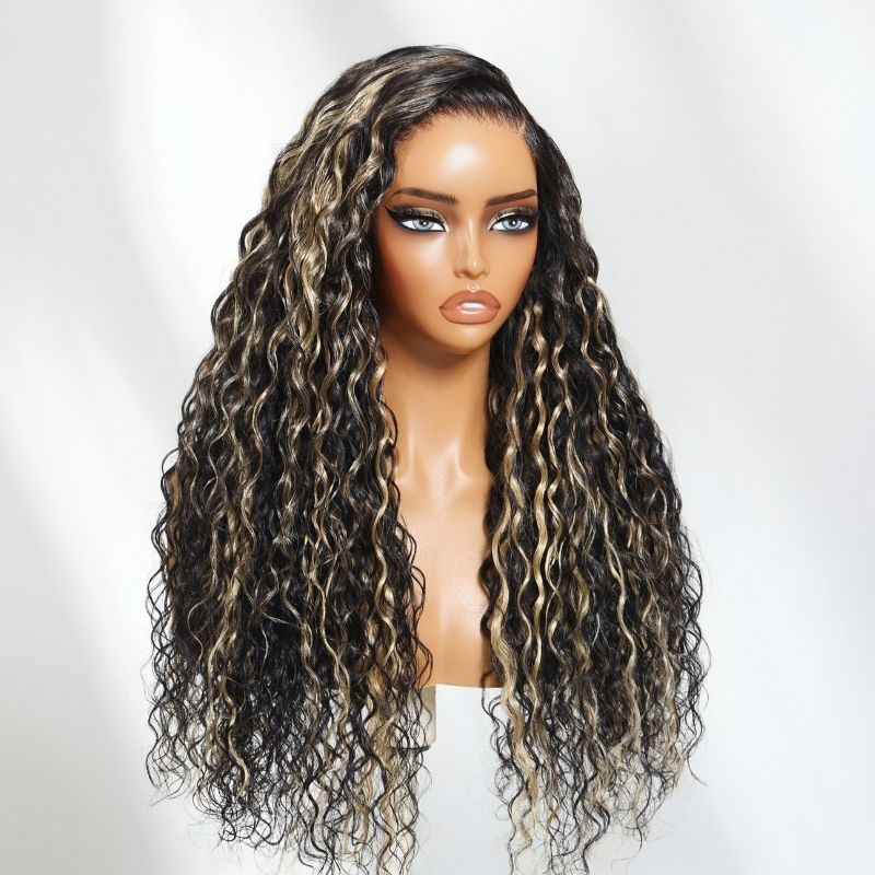 Sunber 13x4 Pre Everything Natural Black with Caramel Blonde Highlights Water Wave Lace Frontal Wig With Invisi Drawstring