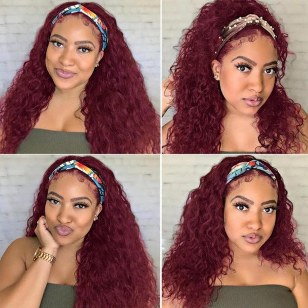 HairHive 99J Curly Headband Wig Human Hair No Gel No Glue Water Wave Wig with Free Headband 180% Density