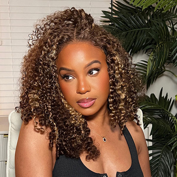 HairHive 4/27 Highlight Color Wear Go Glueless Wigs Pre Cut 7x5 HD Lace Kinky Curly Hair Short Bob Wigs