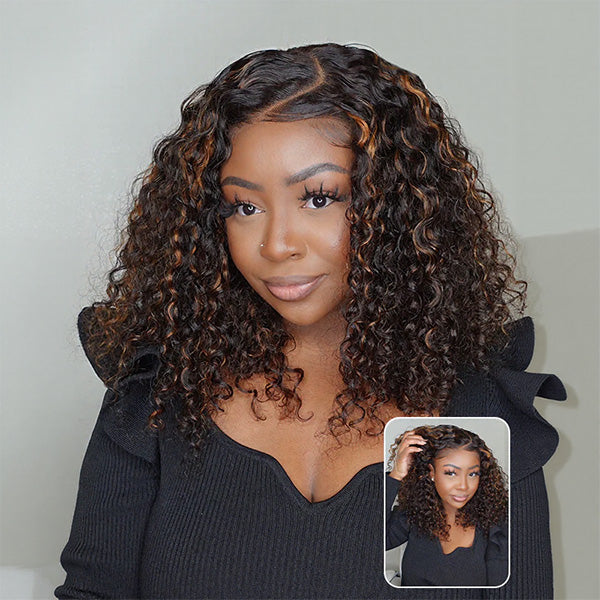 HairHive Balayage Highlight Ombre Brown Water Wave Wear Go Glueless Wig With Natural Hairline