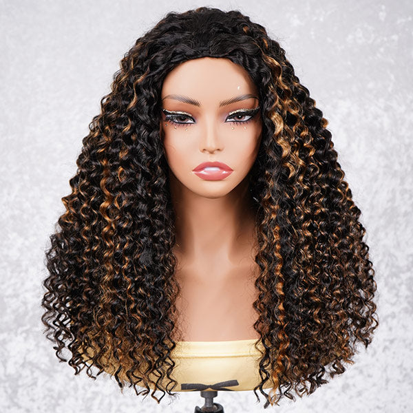 3 In 1 Half Wig | Water Wave Glueless Black Wig With Golden Brown Highlight Wear Go Half Wig