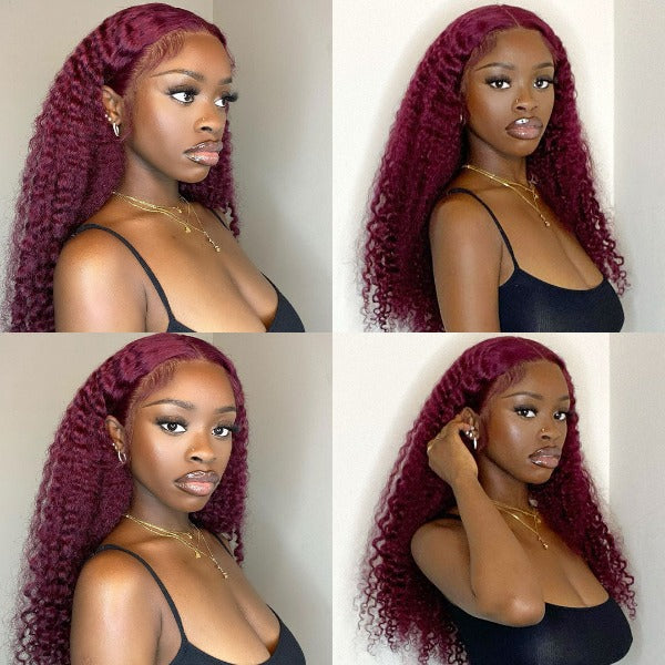 Burgundy 99J Color Deep Wave Lace Frontal and Closure Wig Pre Plucked Human Hair Wig On Sale